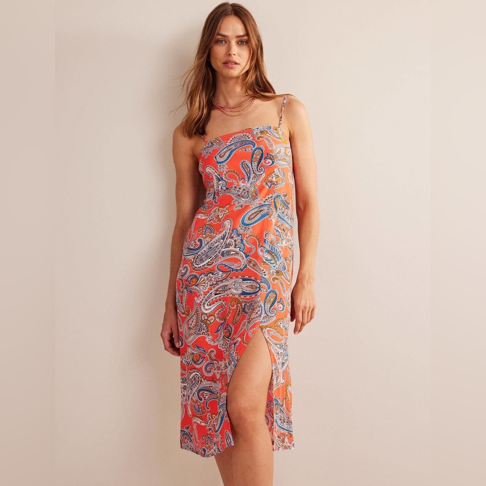 Orange Paisley Slip Midi Dress with Thigh Slit